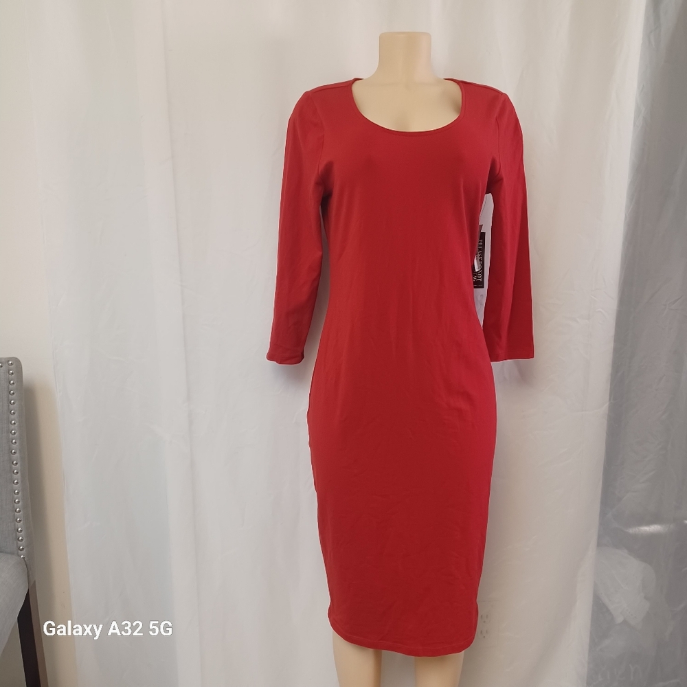 New York & Company Red Sheath Dress 3/4 Raglan Sleeves Size L